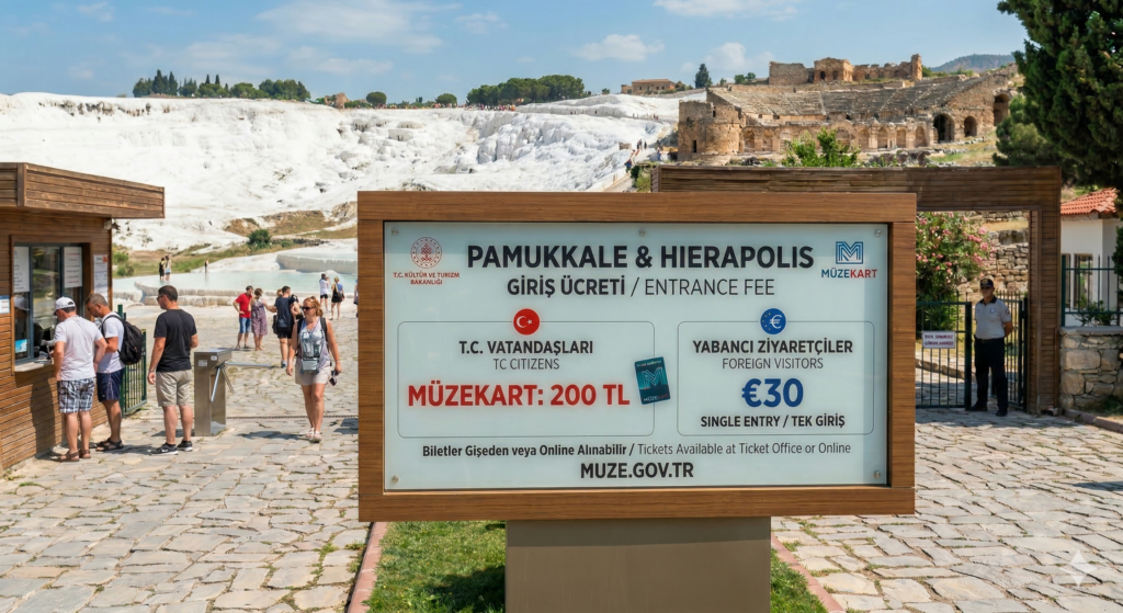 Pamukkale Hierapolis giriş ücretleri: TC vatandaşları 200 TL, yabancılar 30 Euro.